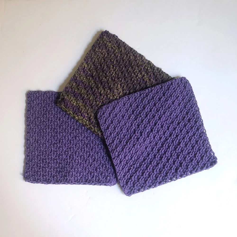 Set of 3 100% cotton hand knit washcloths - purple and green